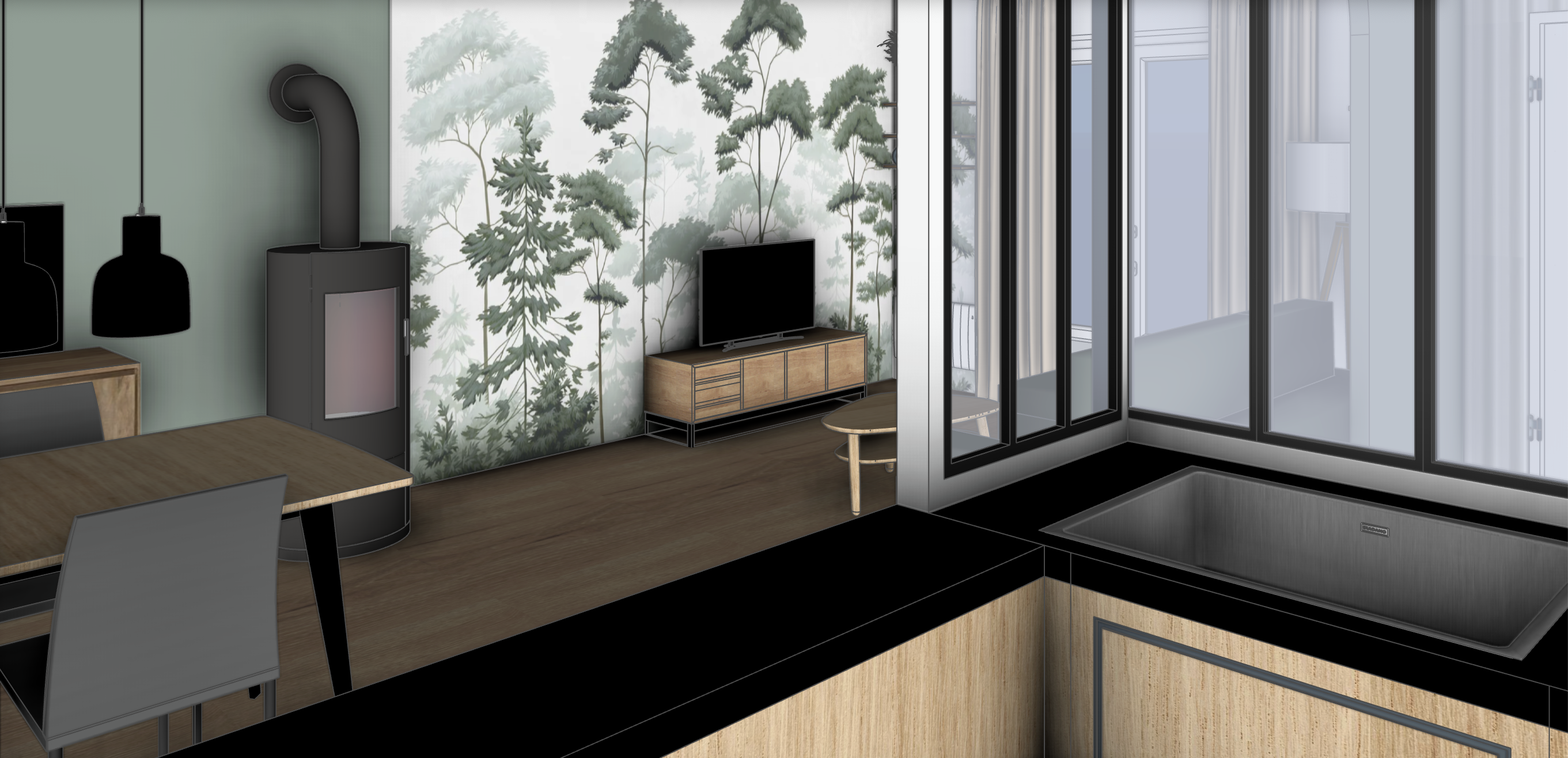 Intérieur moderne avec un mur décoré d'un motif de forêt, un salon comprenant une télévision, un canapé et une table basse, avec un espace de cuisine visible et des meubles en bois.