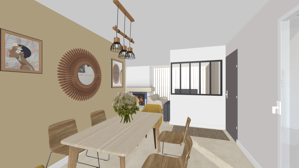 Une vue intérieure d'un espace de vie moderne avec une table à manger en bois, des chaises, des décorations murales et un coin salon.