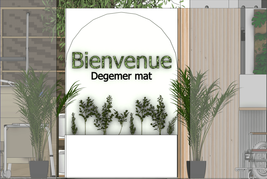 Image d'une design intérieure avec un mur décoratif portant le texte 'Bienvenue Degemer mat', entouré de plantes vertes et d'un environnement moderne et chaleureux.