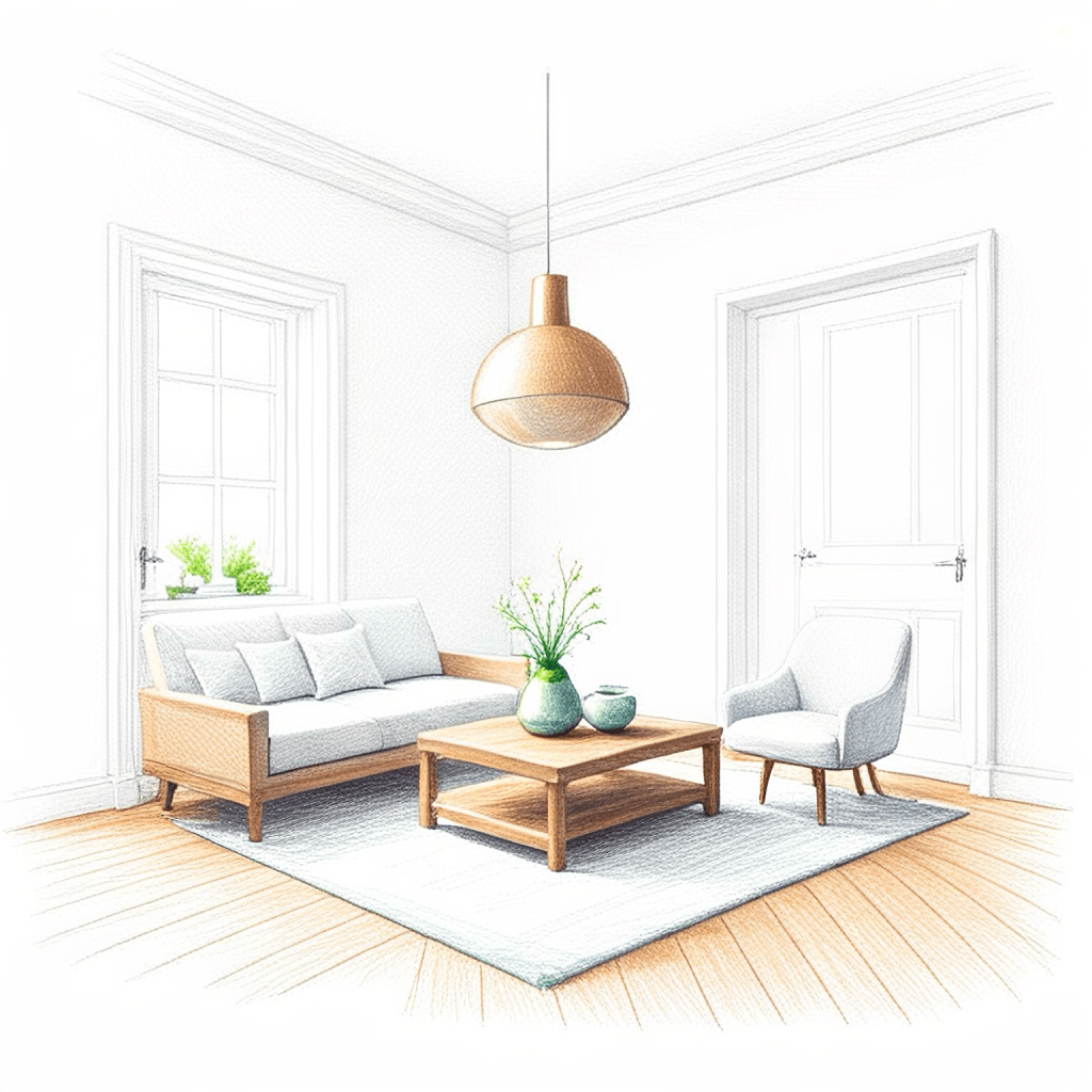 Un salon moderne avec un canapé en bois clair, des coussins, une table basse en bois, une chaise moderne et un éclairage suspendu en métal.