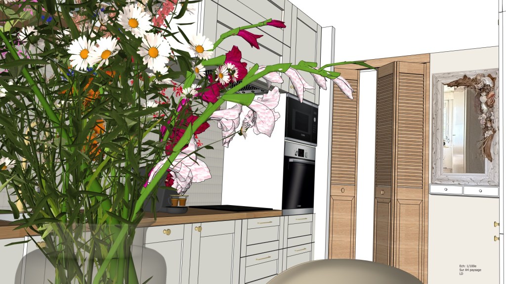 Une illustration d'une cuisine moderne avec un bouquet de fleurs colorées en avant-plan, des éléments de rangement élégants, et des appareils électroménagers intégrés.