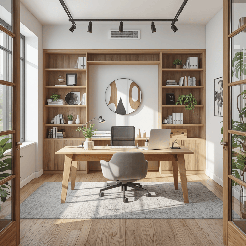Bureau moderne et minimaliste avec un bureau en bois, une chaise ergonomique, des étagères en bois remplies de livres et de plantes, et des fenêtres laissant entrer la lumière naturelle.